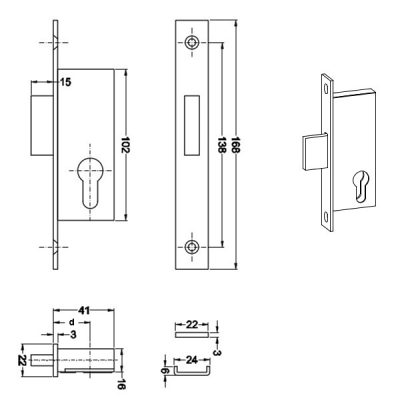 Zamek wąski dodatkowy LOB INOX wpuszczany do stolarki aluminiowej proste  Z035B-2-K1