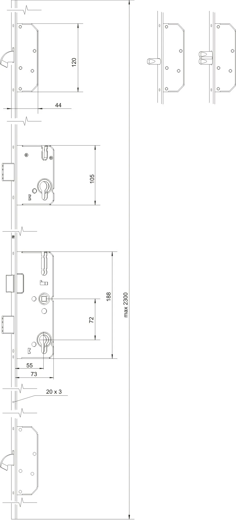 Zamek wpuszczany wielopunktowy LOB (ZDL) 2 Hakowy ZDL200H03 - obrazek 2